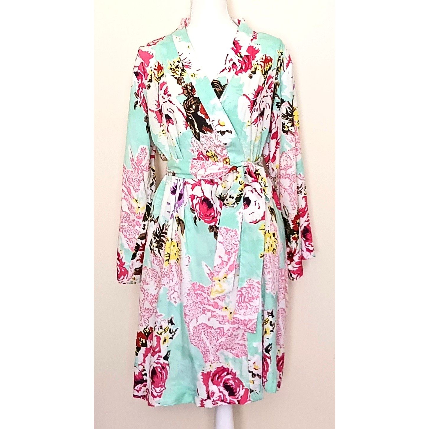 Handmade With Love Green/Pink Floral Print Belted Robe Knee Length O/S